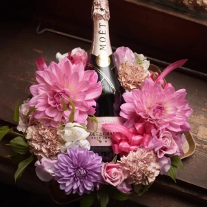 結婚祝い シャンパン フラワーギフト[ワイン 生花 ギフト] 生花のフラワーリース とシャンパン(モエ)フルボトル
