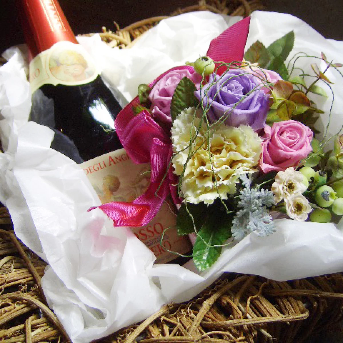 結婚祝い 還暦祝い[ワイン 花 ギフト]プリザーブドフラワーと天使のロッソのセット